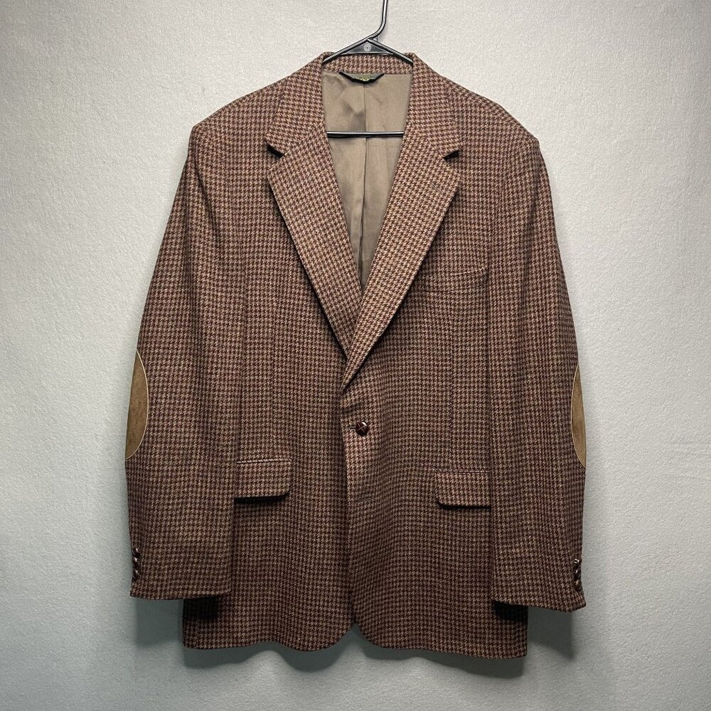 Vintage Repp Big & Tall Wool Blazer With Suede Elbow Patches Houndstooth USA  48